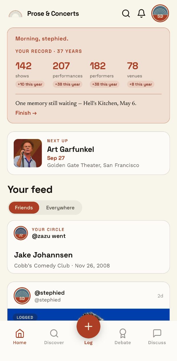 Prose & Concerts on iPhone: your record, next show, and your feed